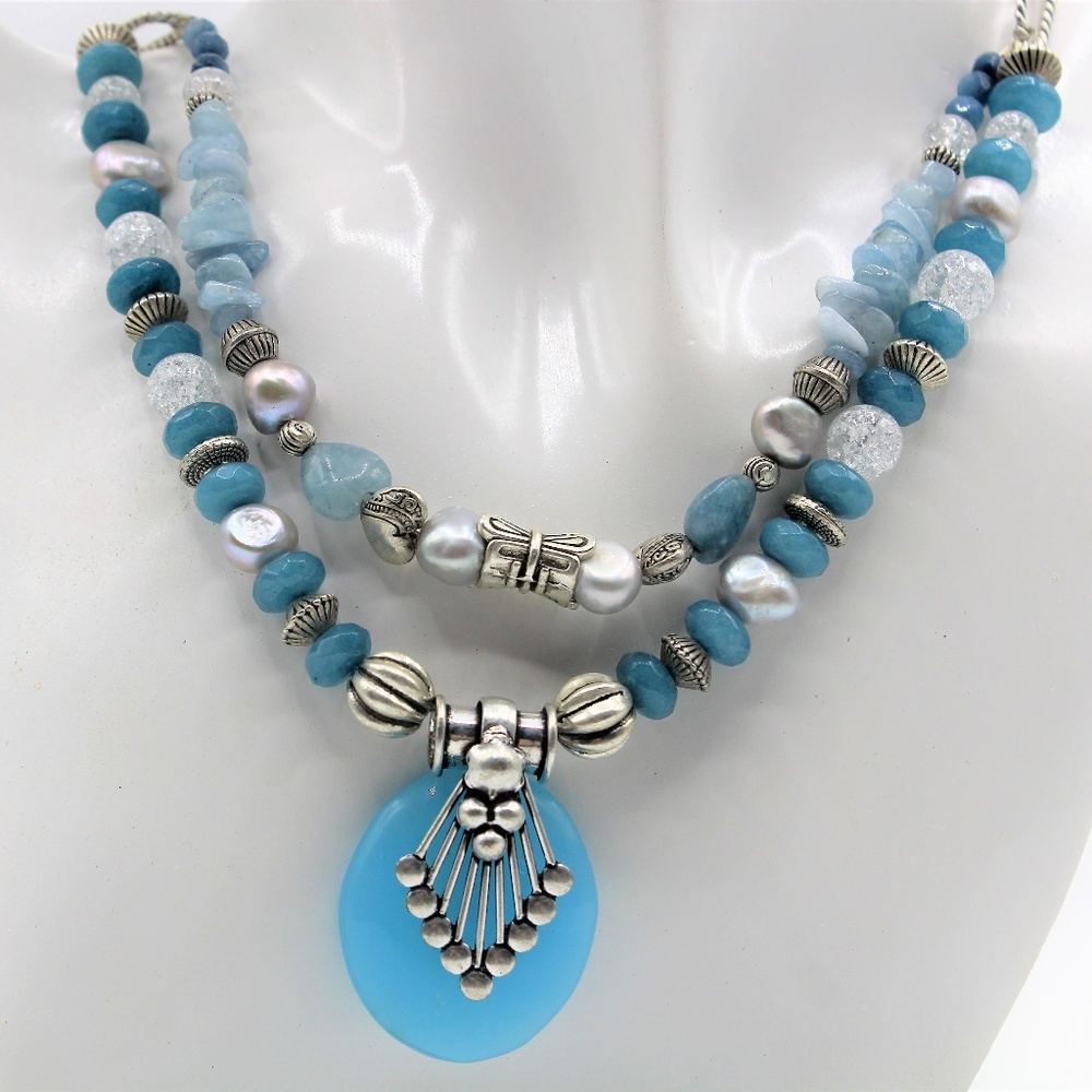Aquamarine multi strand pendant necklace